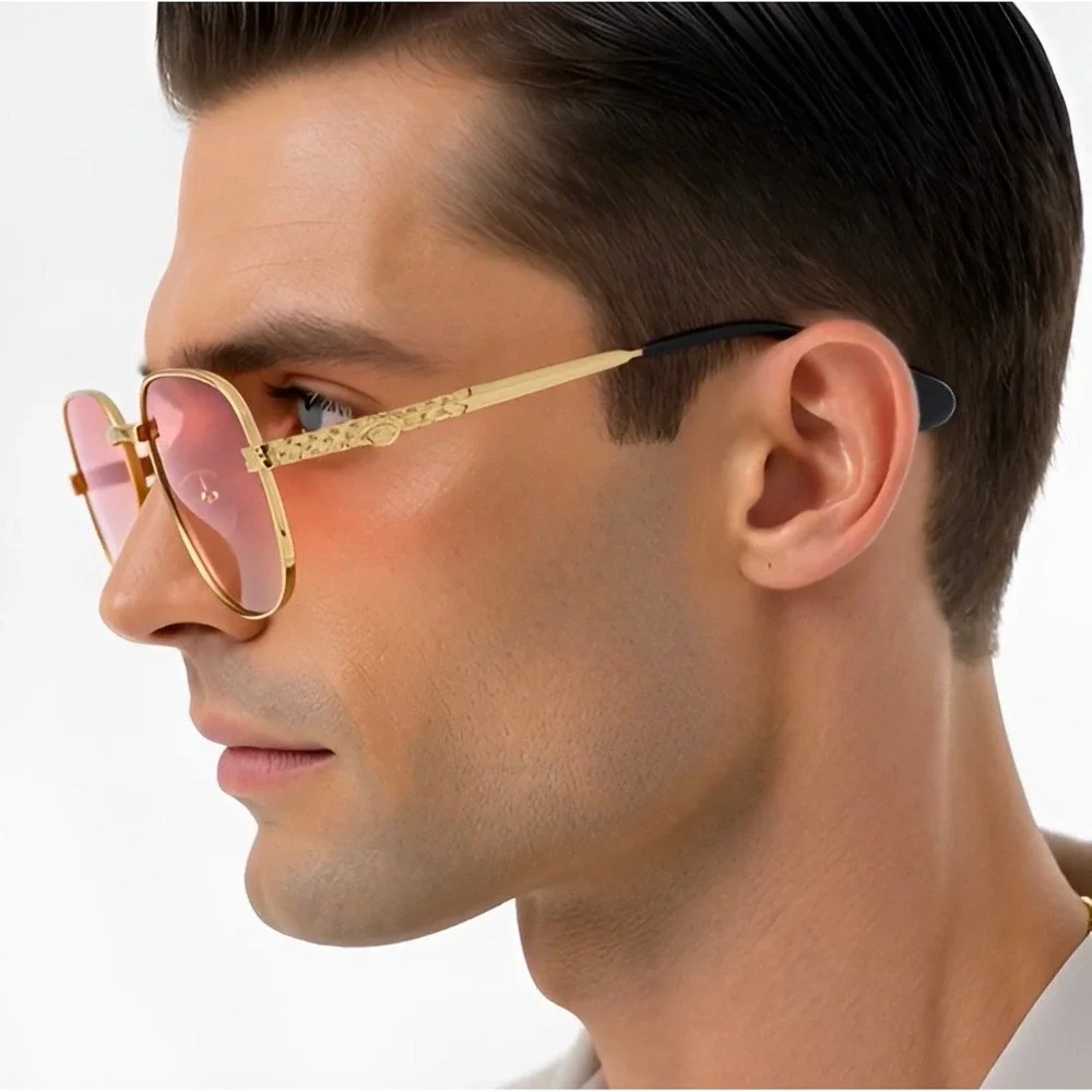 Gold Square Fashion Sunglasses Pink Gradient Lens‎ Retro 70s Braided Temple Mens